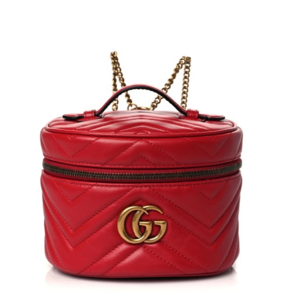 Gucci Calfskin Matelasse Mini GG Marmont Round Backpack Hibiscus Red